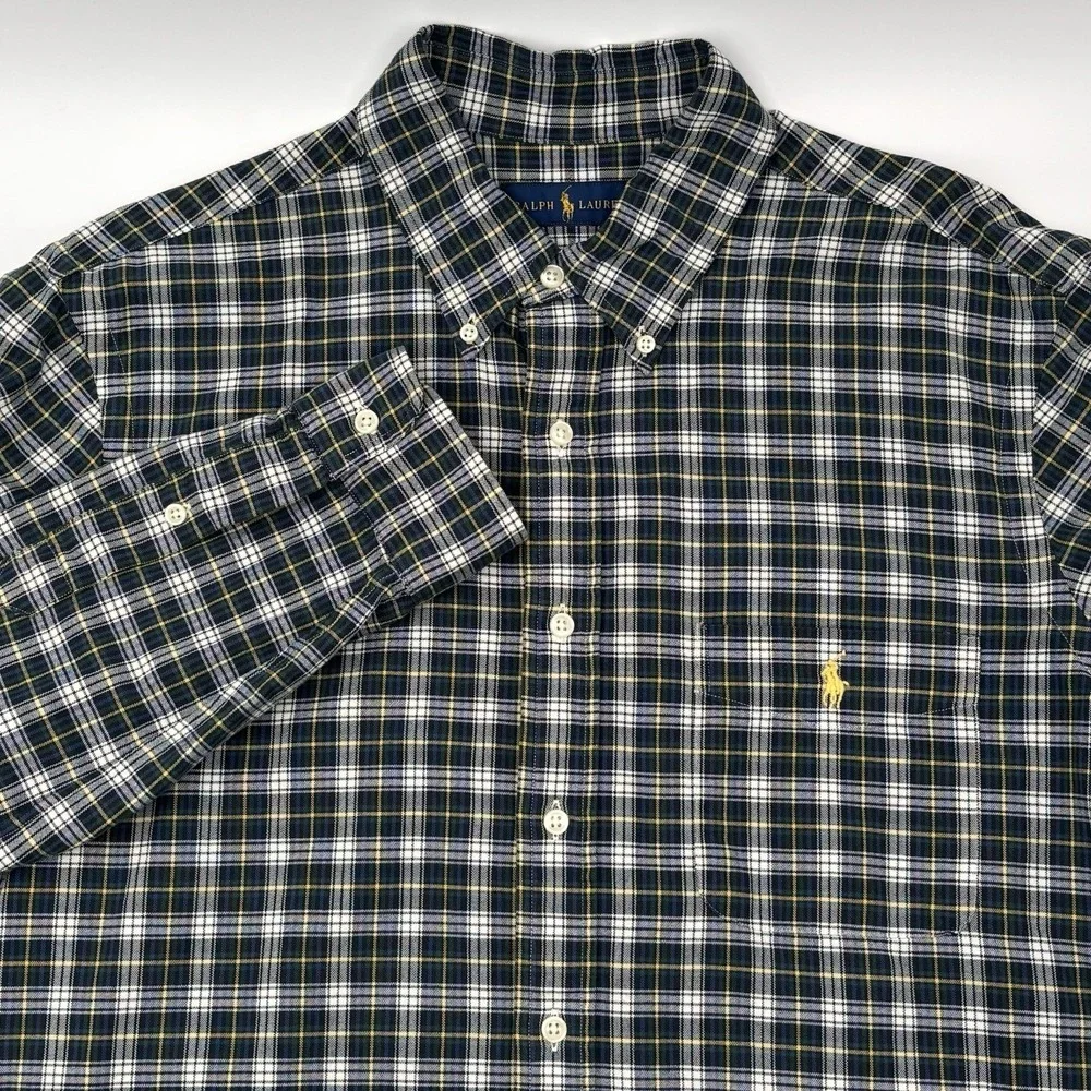 Polo Ralph Lauren Shirt Mens Large L Green Blue Plaid Long Sleeve Button Down